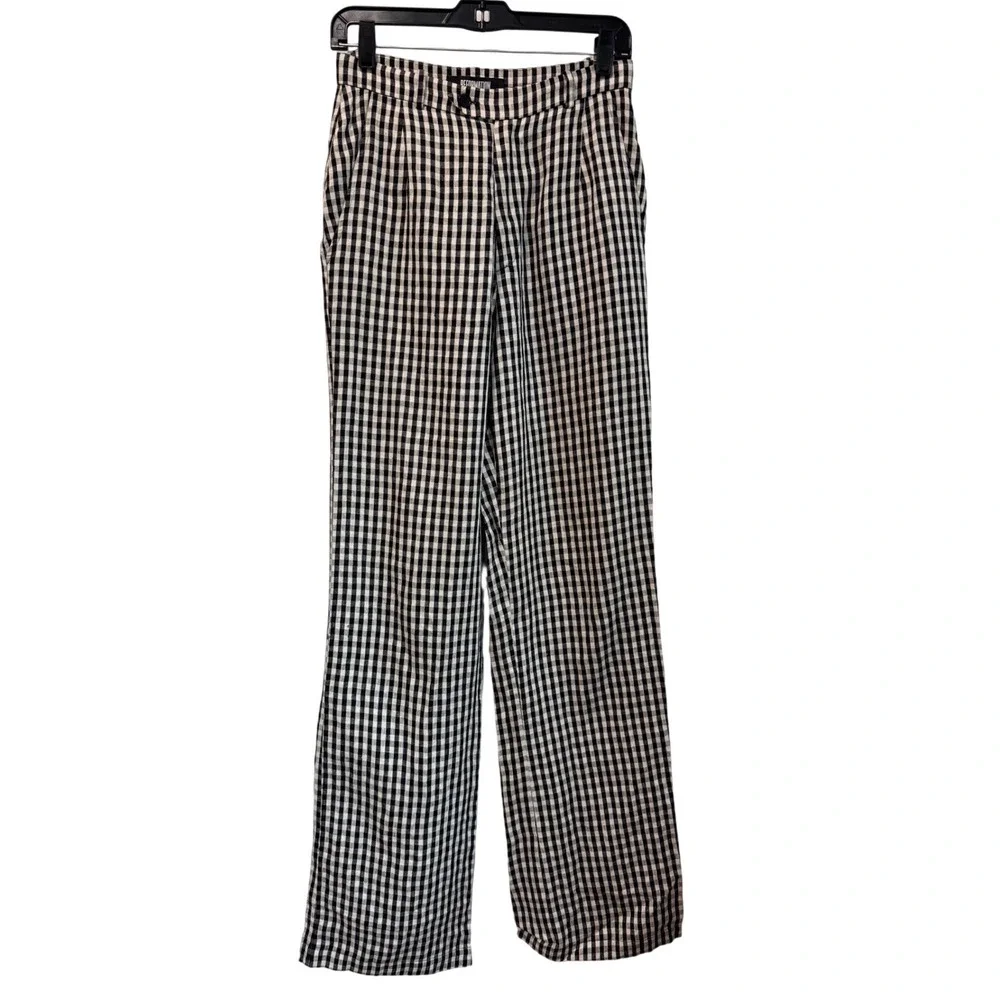 Reformation Black & White Gingham Linen Wide Leg High Rise Trousers Size 2